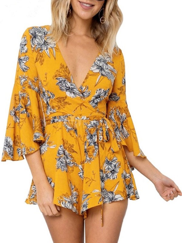 Yellow Women Romper Floral Print V Neck Ruffle 3/4 Sleeve Loose Leg Chiffon Women Romper Shorts | Milanoo