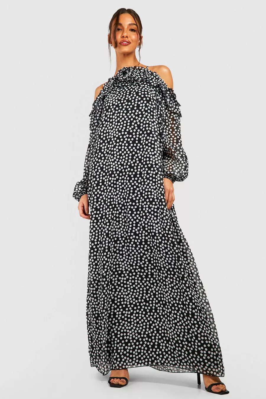 Polka Dot Corsage Cold Shoulder Maxi Dress | boohoo (US & Canada)