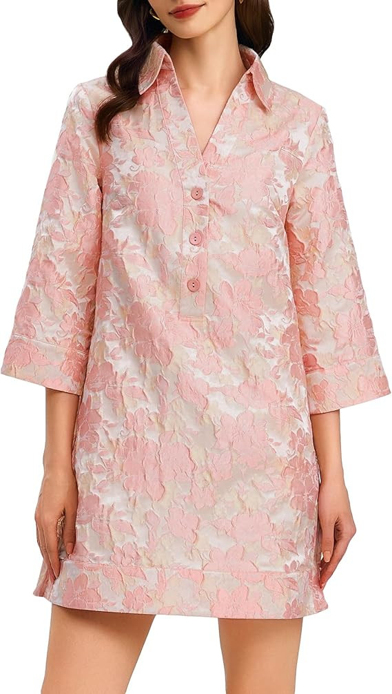 Ladyful Womens Jacquard Shift Dress 3/4 Sleeve V Neck Casual Formal Elegant Wedding Guest Mini Dr... | Amazon (US)