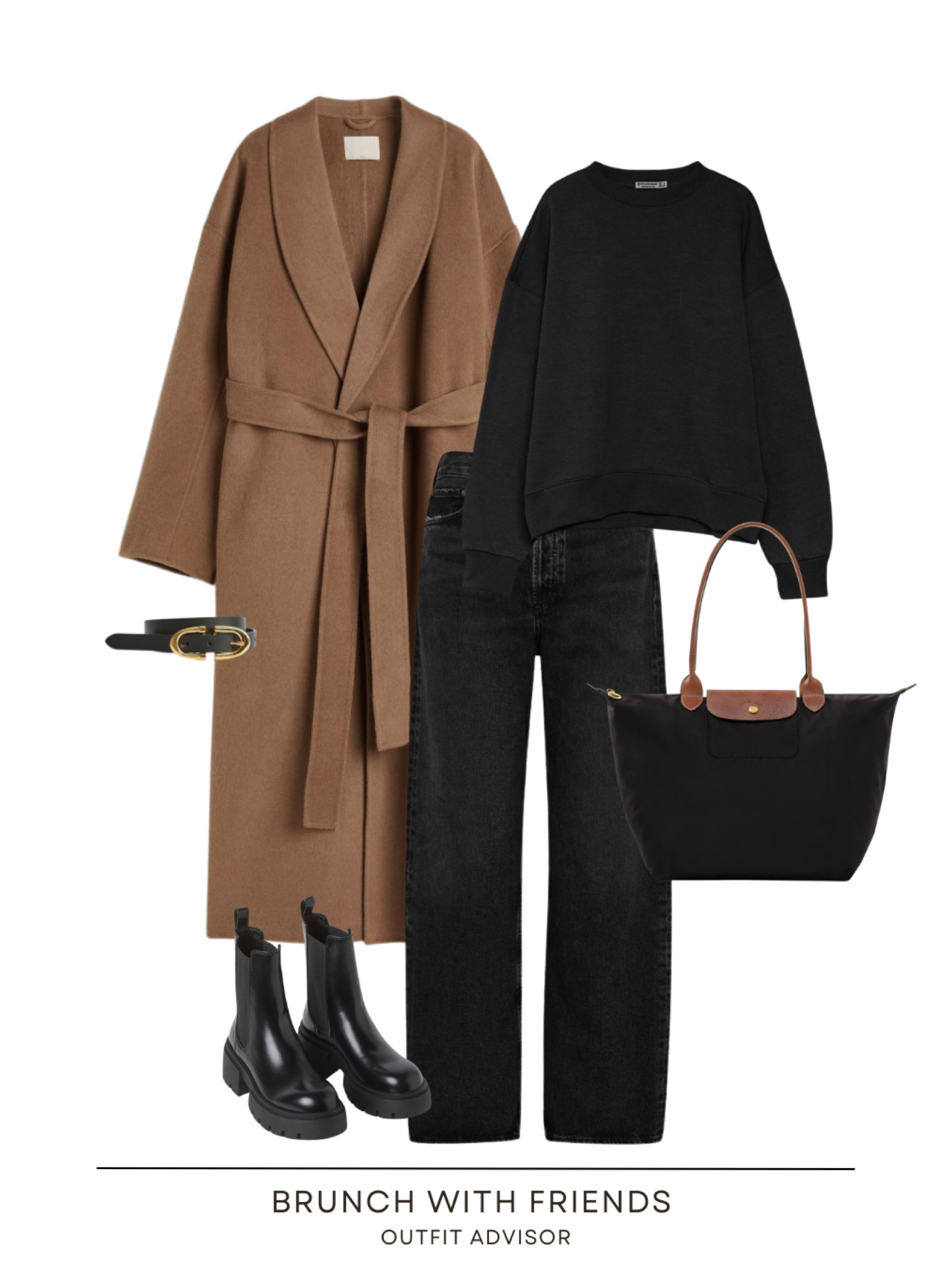 Chic winter outfit inspo: a brown belted coat, black wide leg jeans, balck chelsea boots, a black belt with a gold buckle, a black sweatshirt and a longchamp tote bag

#LTKworkwear #LTKshoecrush #LTKstyletip