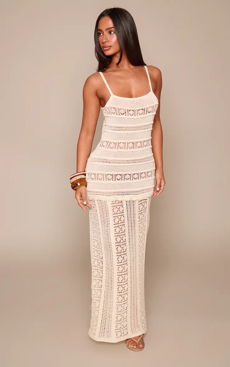 Petite Cream Ribbed Crochet Cut Out Strappy Maxi Dress | PrettyLittleThing UK