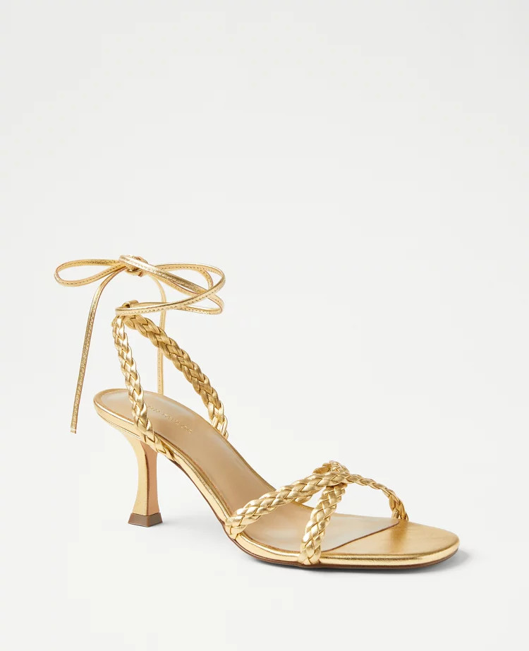 Metallic Braided Leather Ankle Wrap Sandals | Ann Taylor (US)
