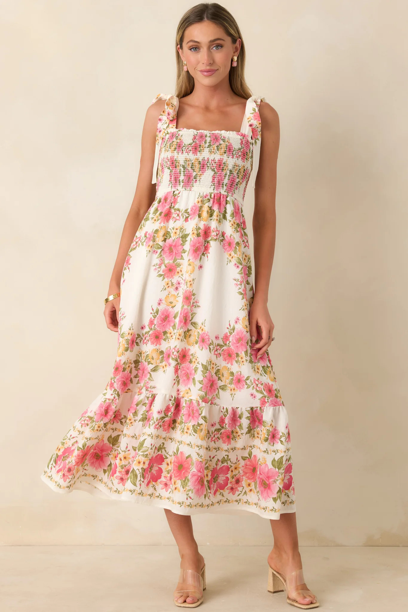 Flower Girl Energy Pink Multi Floral Smocked Tie Strap Midi Dress | Red Dress