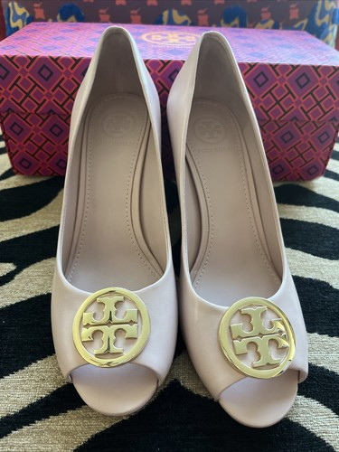 NEW Tory Burch Benton 2 85MM Peep Toe Wedge Leather SZ 6 Seashell Pink/Gold 664 | eBay US