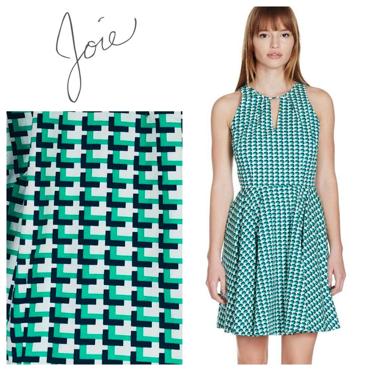 Joie Verene XS Dress Flare Green White Keyhole Slvlss Wedding Party Retro Look # | eBay US