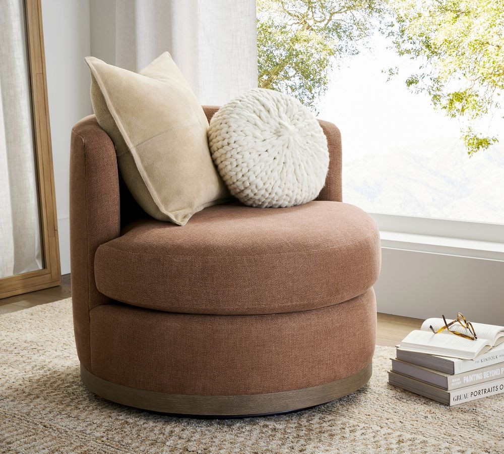 Balboa Upholstered Swivel Armchair with Wood Base | Pottery Barn (US)
