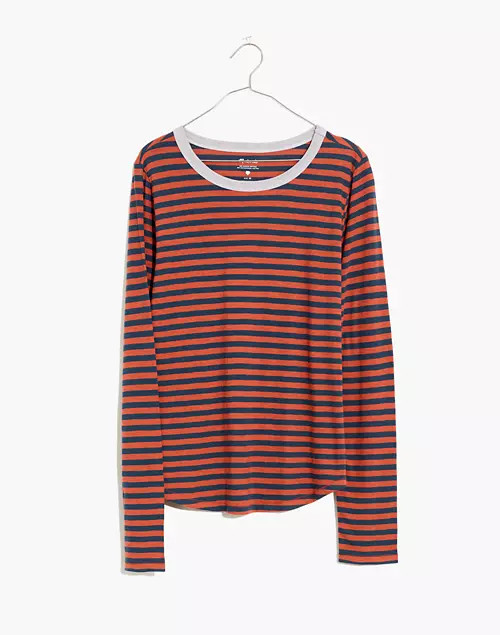 Whisper Cotton Rib-Crewneck Ringer Long-Sleeve Tee in Stripe | Madewell