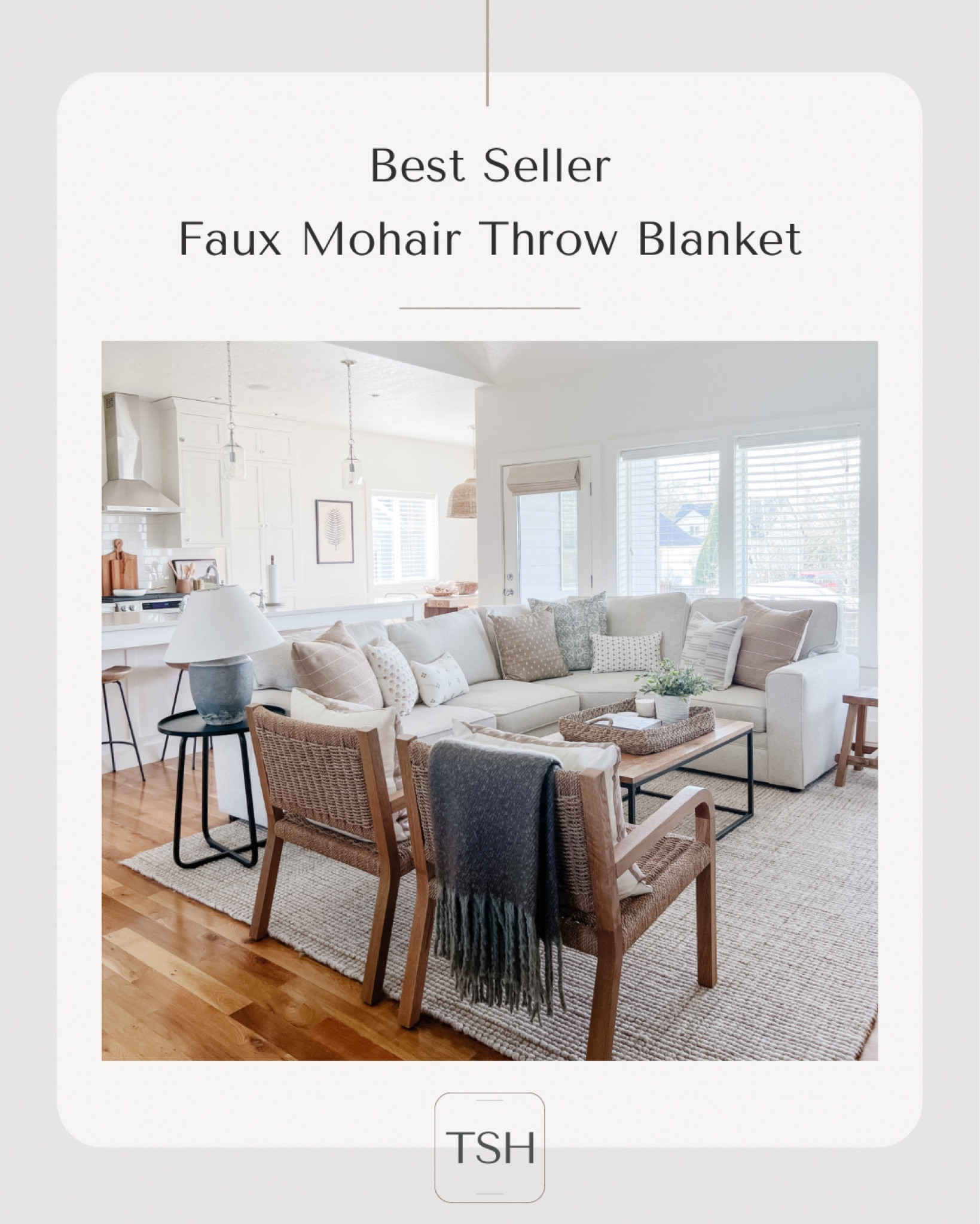 Living room decor, throw blanket, area rug, Pottery Barn Pearce sectional, black side table