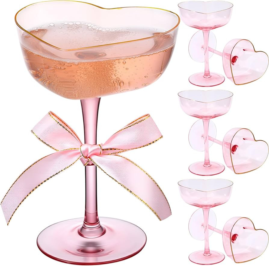 Pink Coupe Glasses Set of 6, Heart Shaped Martini Glasses with Golden Rim Fancy Cocktail Glasswar... | Amazon (US)