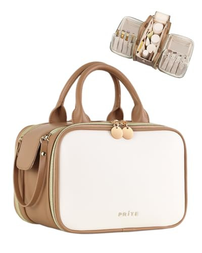 Prite Travel Makeup Bag Women’s Large Capacity Waterproof Cosmetic Organizer Portable Open Flat Toiletry Case with Free-standing Brush Holder and Handle(Beige Brown Large) | Amazon (US)