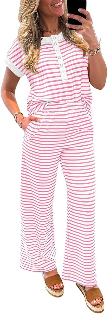 Tankaneo Womens Striped 2 Piece Outfits Short Sleeve Button Up Henley Shirt Wide Leg Pants Travel... | Amazon (US)