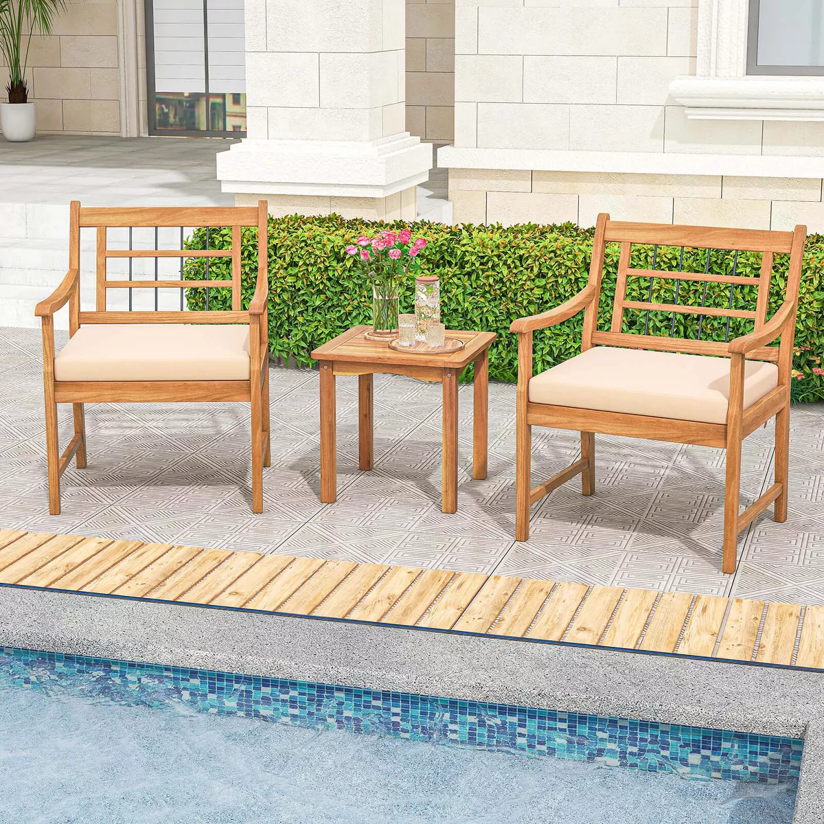 Costway 3 Pieces Acacia Wood Patio Bistro Set Outdoor Conversation Set with Cushions Off White | Target