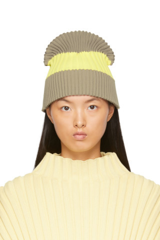 Taupe & Yellow Fluted Knit Beanie | SSENSE