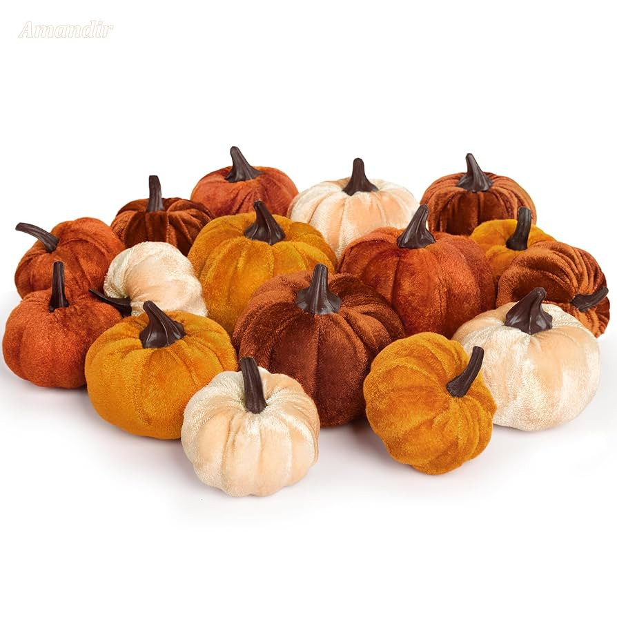 16Pcs Fall Artificial Velvet Pumpkins, 3 Sizes Orange Brown Beige Rust Fake Small Foam Pumpkins f... | Amazon (US)
