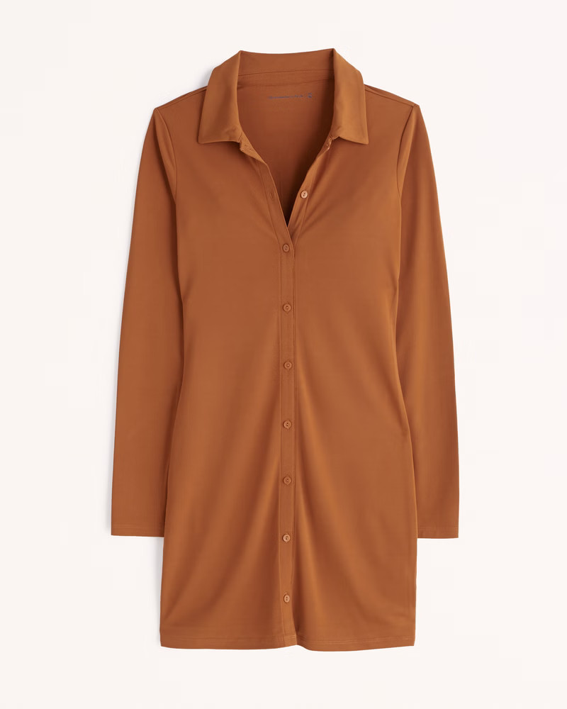 Long-Sleeve Slinky Knit Shirt Dress | Abercrombie & Fitch (US)