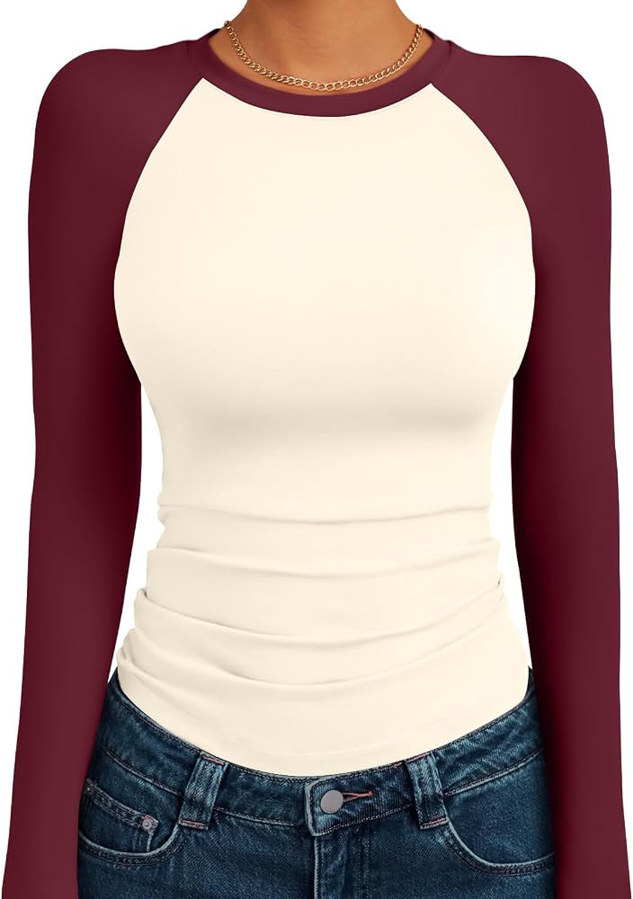 Trendy Queen Women's Long Sleeve Shirts Slim Fit Stretchy Color Block Slightly Cropped Tops | Amazon (US)
