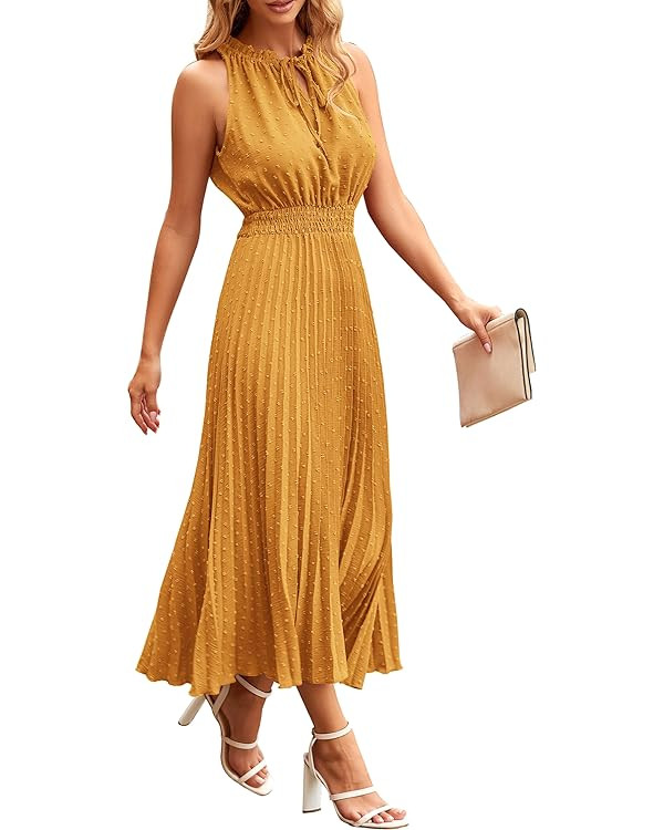 PRETTYGARDEN Women's Midi Summer Dresses Casual V Neck Swiss Dot Ruffle Sleeveless A Line Beach S... | Amazon (US)