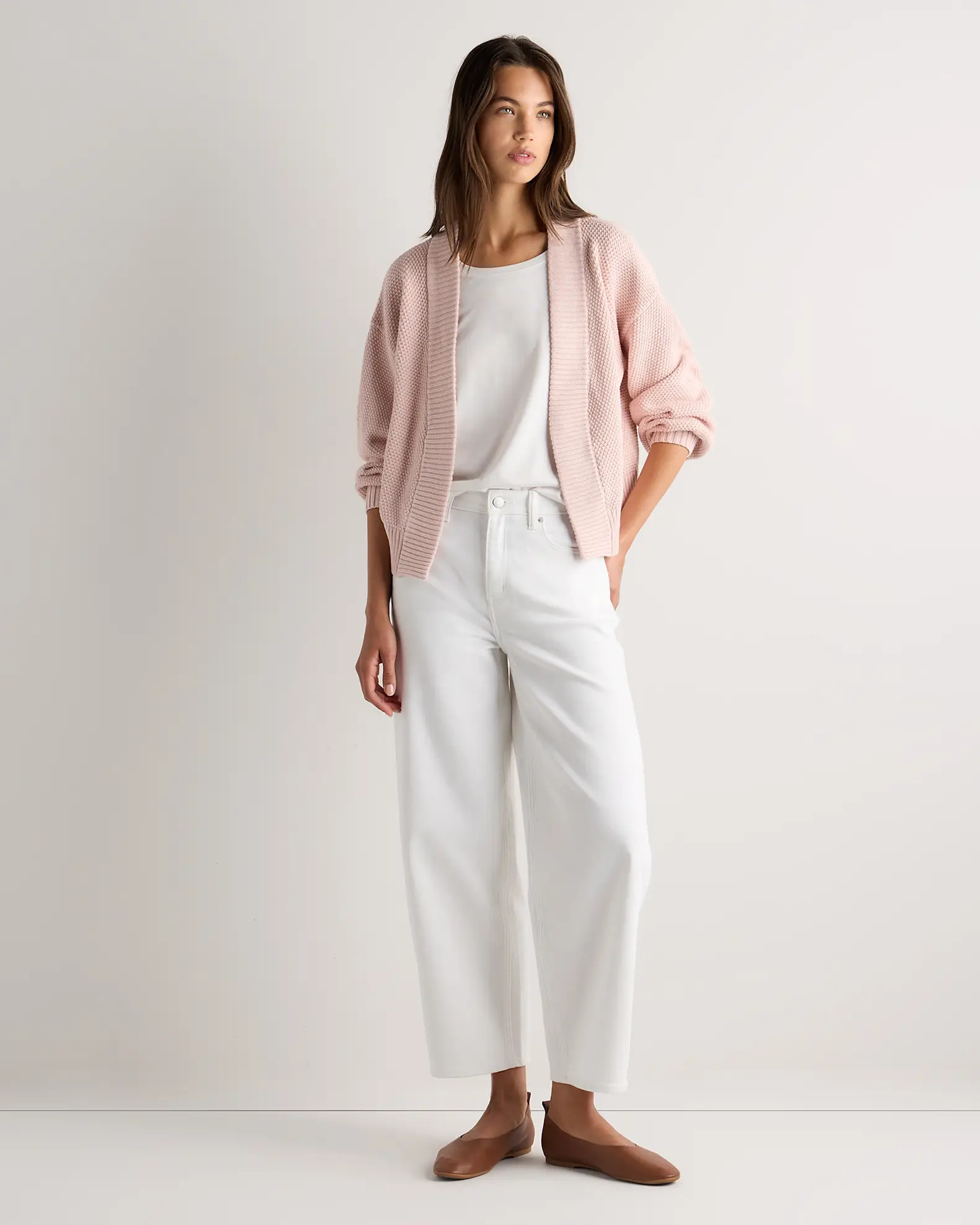 100% Organic Cotton Waffle Stitch Open Cardigan in Shell Pink | Quince