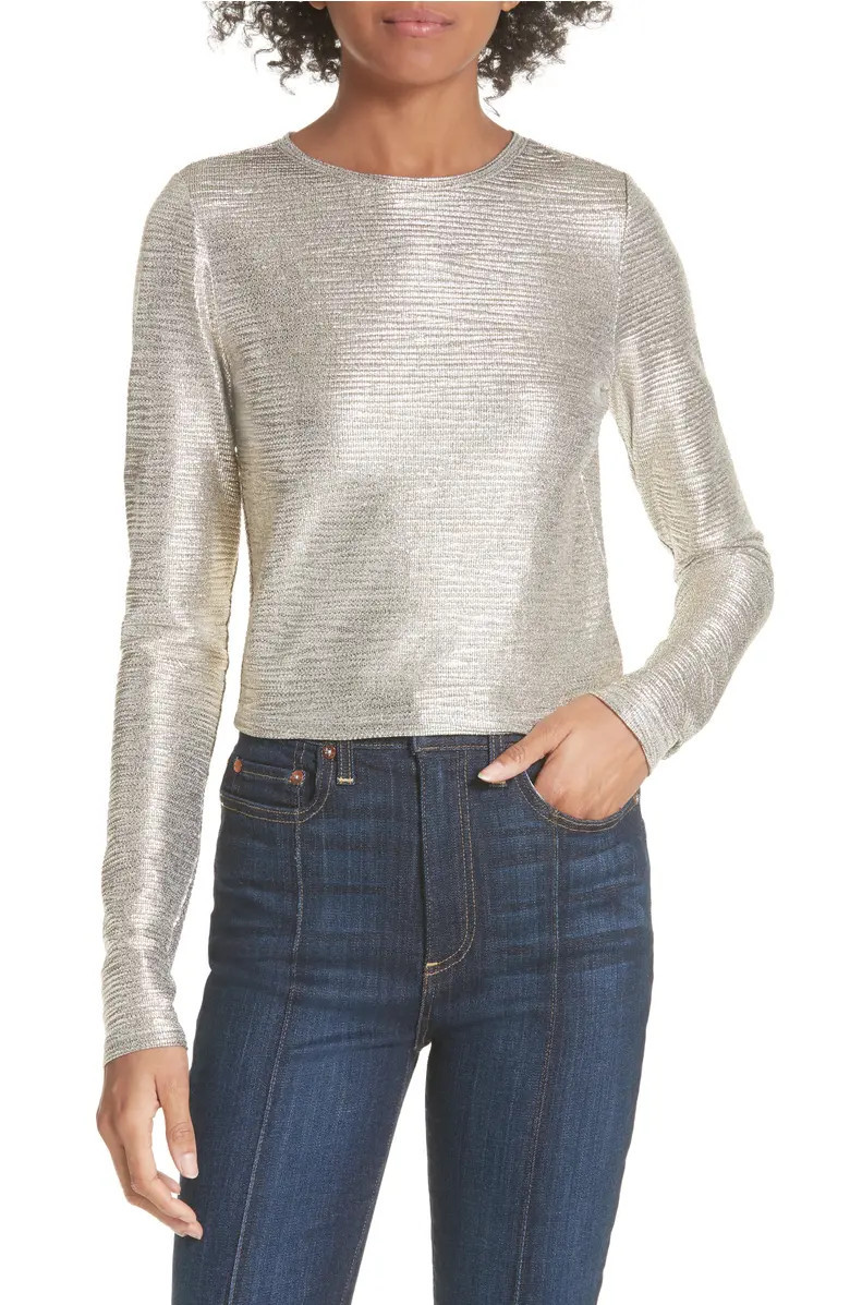 Alice + Olivia Delaina Silver Long Sleeve Crop Top | Nordstrom