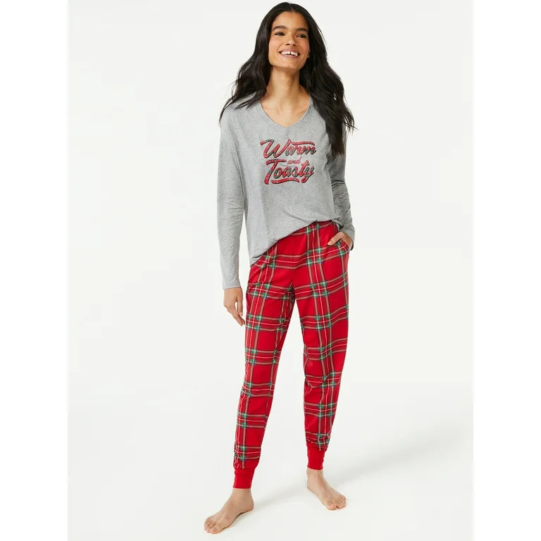 Joyspun Women's Long Sleeve Sleep Top and Jogger PJ Set, 2-Piece, Sizes up to 3X - Walmart.com | Walmart (US)