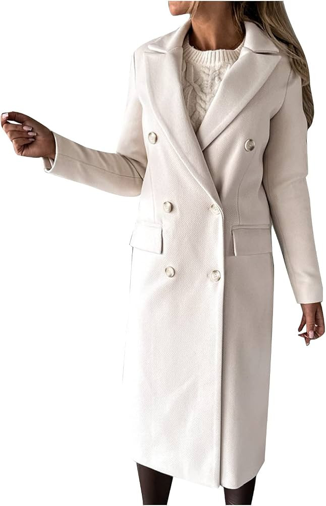Tejiojio Trench Coats For Women Long Warm Faux Wool Long Jackets Winter Coats For Women Turndown ... | Amazon (US)