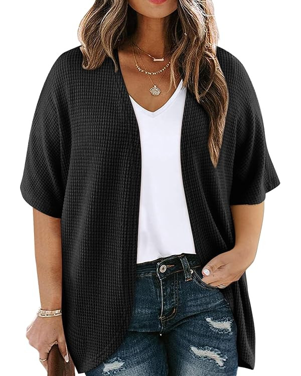 Eytino Womens Plus Size Cardigan Casual Short Sleeve Waffle Knit Kimono Open Front Tops(1X-5X) | Amazon (US)