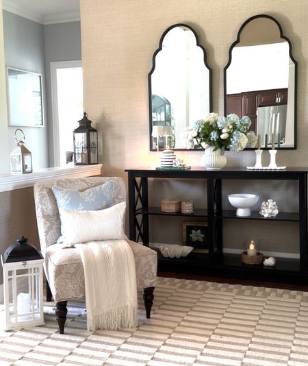 Summer entryway, foyer! Shop my new throw pillows, fringe throw blanket, vase from the new Studio McGee collection, canisters, best selling candleholders, area rug, side chairs, mirror s. Summer home decor accessories. 

#LTKFindsUnder50 #LTKHome #LTKSaleAlert