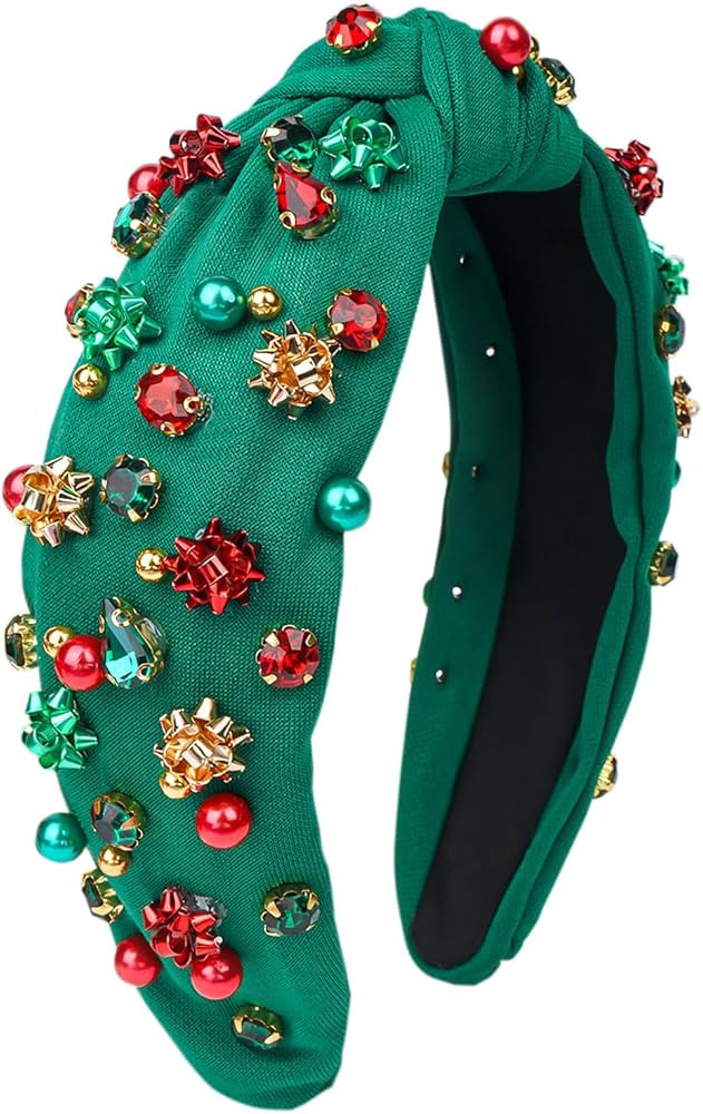 TULOBI Christmas Headband for Women Knotted Headband Xmas Red Green Pearls Rhinestone Crystal Jew... | Amazon (US)