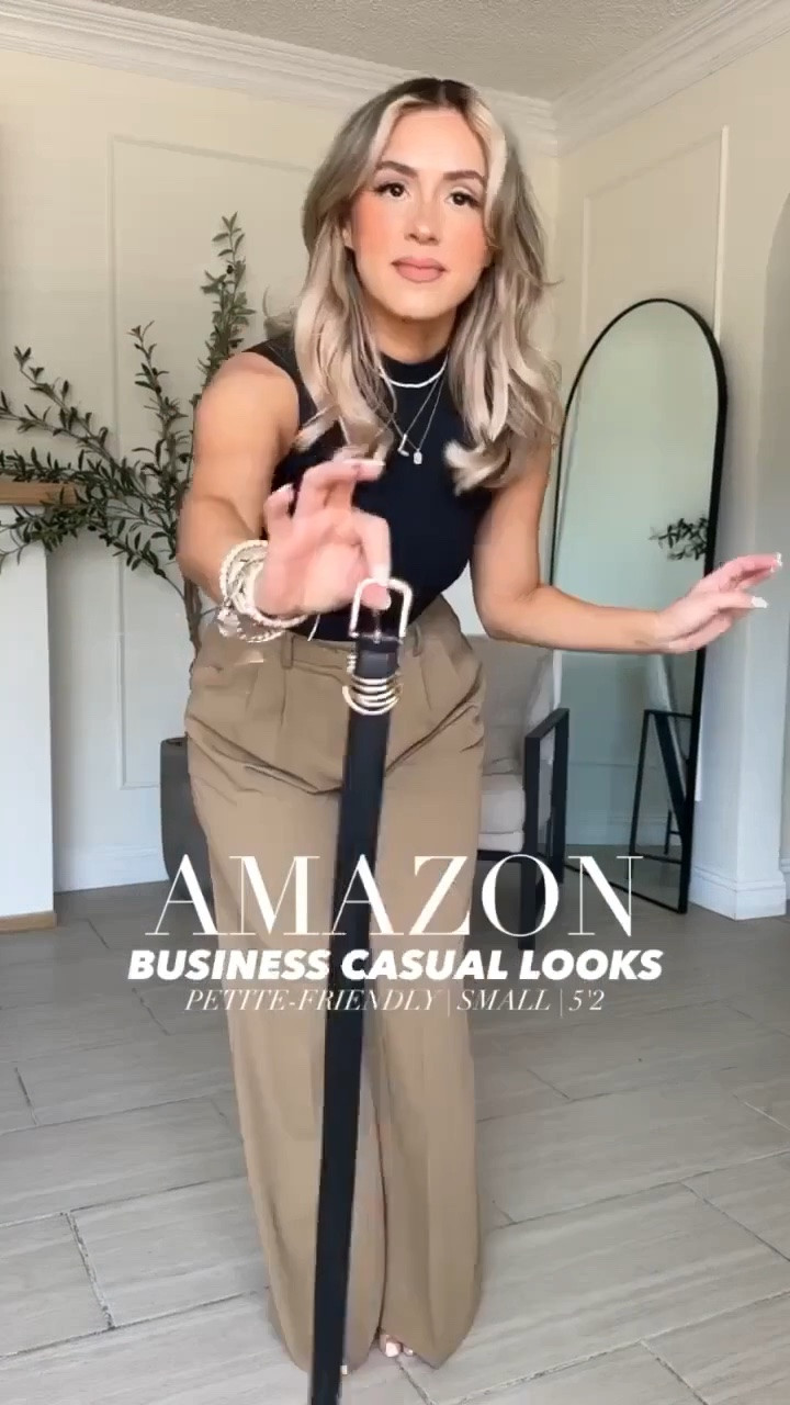 Amazon BUSINESS CASUAL Outfits 🤓🤗

✔️Look 1: small long THIN in trousers | color is Khaki (thin) | small in bodysuit 
✔️Look 2: small in striped tee + pencil skirt + small in tweed jacket 
✔️Look 3: Med in button up + small in trousers (color: brown but I think it's sold out) GRAB THE KHAKI ONES! 
✔️Look 4: small in trousers + denim long vest (size down runs big)
✔️Look 5: small in skirt 
✔️Look 6: small in trousers, tee + tweed jacket

#LTKgrwm #LTKootd #LTKU