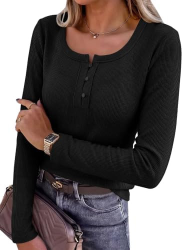 ANRABESS Women's Long Sleeve Shirts Waffle Knit Henley Tops | Button Down V Neck, Comfy Lightweig... | Amazon (US)