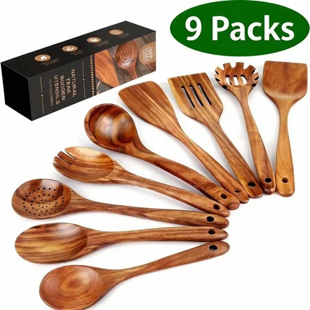 Natural Teak Wood Kitchen Utensils Set, 9 Piece Thickened Wooden Spoons and Spatula for Cooking, Non-Stick Heat Resistant Cookware, Brown | Walmart (US)