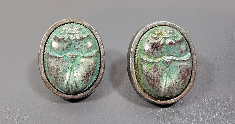 Egyptian Revival Scarab Clip On Earrings: Silver Tone Patina | Etsy (Global)