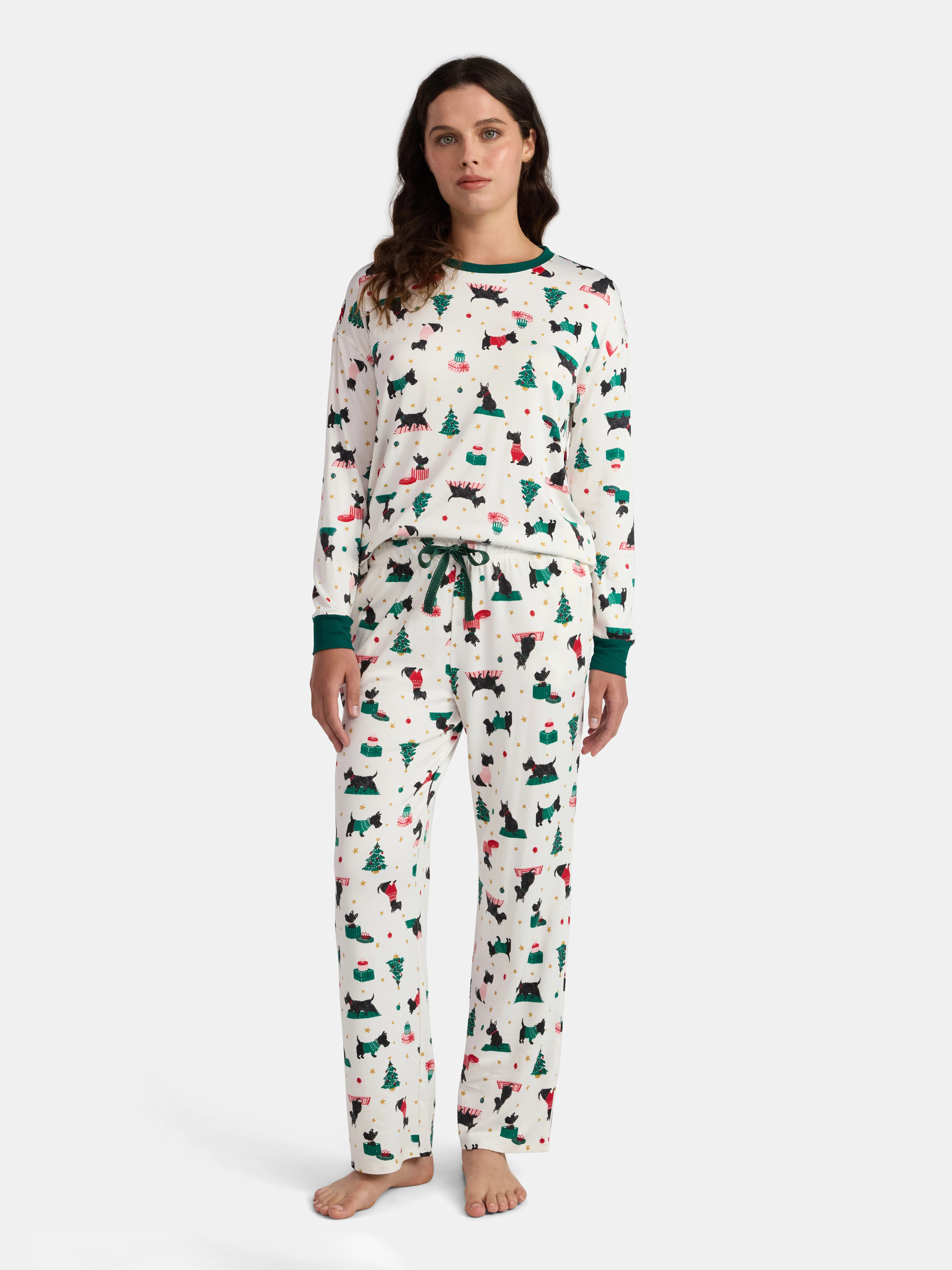 Women's Holiday Long Sleeve Sleep Top and Open Leg Pants Pajama Set by Jaclyn, 2-Piece, Sizes S-X... | Walmart (US)