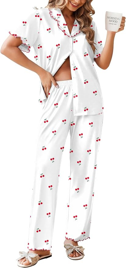 Ekouaer Womens Pajama Sets Short Sleeve Printed PJs Button Down Sleepwear | Amazon (US)
