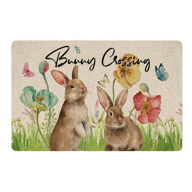 PATLOLLAV Easter Bunny Crossing Decorative Front Door Mat, Rabbit Poppy Flowers Floral Doormat In... | Walmart (US)