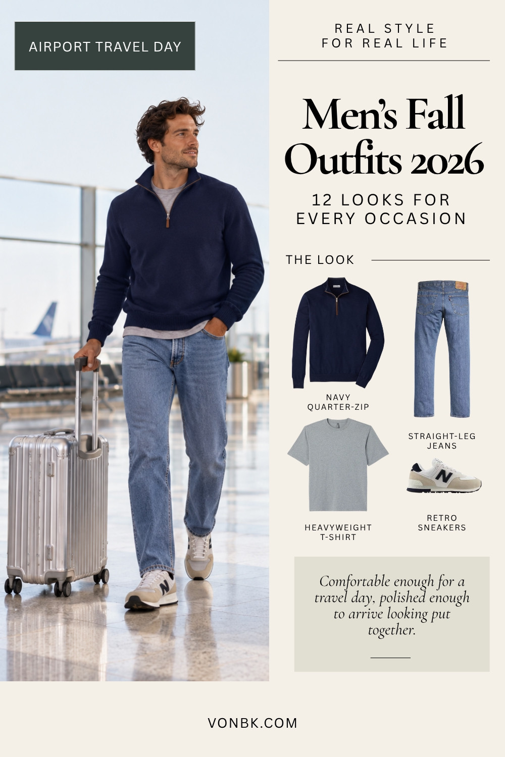 A comfortable airport outfit that still looks pulled together. A navy quarter-zip layered over a heavyweight T-shirt with straight-leg jeans and retro sneakers is an easy fall travel combination that works just as well once you land.

We like this kind of outfit for travel because every piece is comfortable without leaning too casual, and the navy, gray and denim combination is easy to rewear throughout a trip.

#MensFallStyle #MensTravelStyle #AirportOutfit #FallMenswear #MensOutfitIdeas

#LTKMens #LTKSeasonal #LTKTravel