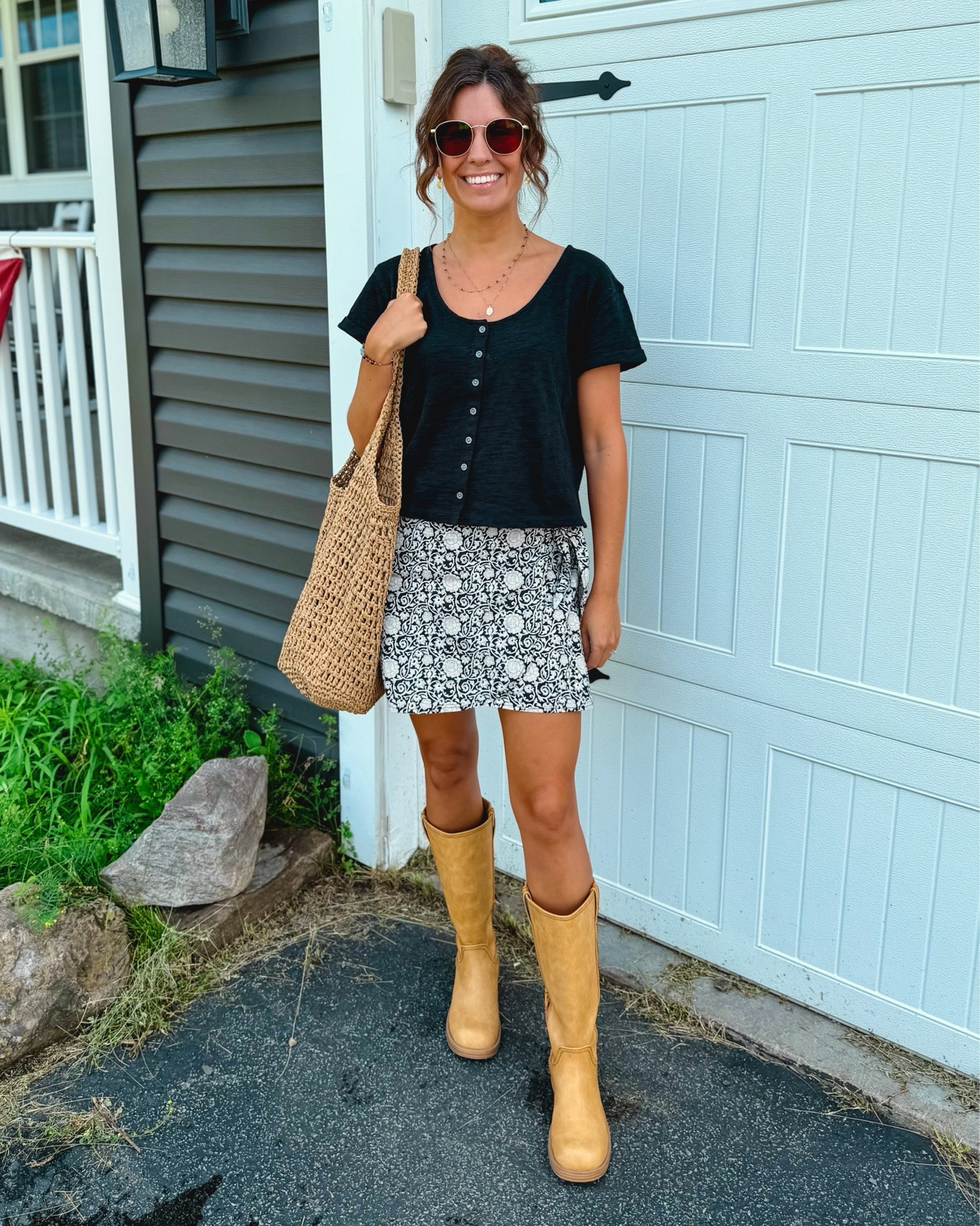 The cutest little 100% cotton $25 skirt and 100% cotton top! Makes for such a cute look-wear the skirt with flats, sandals, or boots!

skirt is size xs, black button front tee is size xs (also 100% cotton!),! And my boots are size 6.