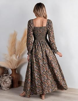 LERASON Women's Fall Boho Long Sleeve Sweetheart V Neckline Maxi Dress | Amazon (US)