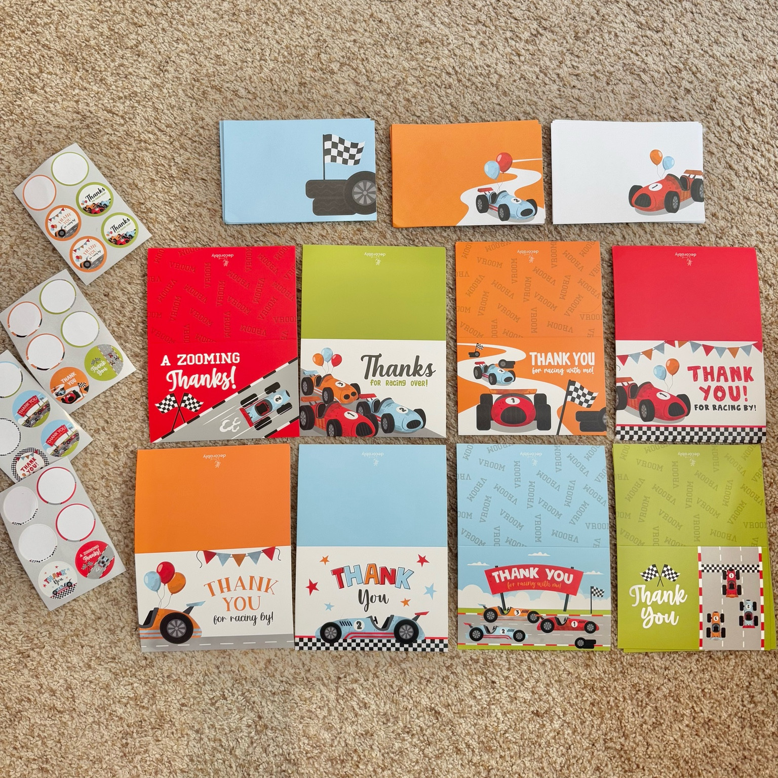 Thank you cards for a racing themed birthday party! These are so dang cute. Came with 24 cards in 8 different prints, 24 envelopes in 3 different prints and 24 stickers in 8 different prints. 

Kids birthday, boy birthday, racing birthday, racing theme birthday, cars birthday, cars theme birthday 