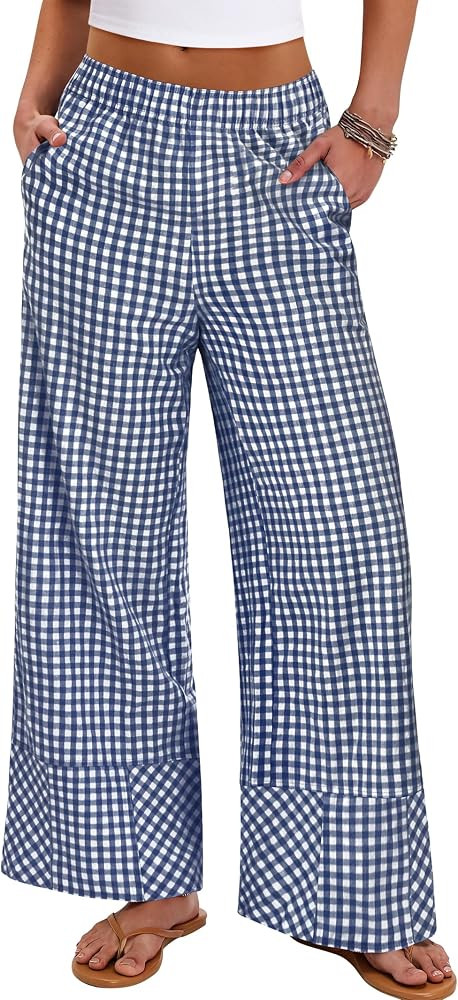 ANRABESS Womens Gingham Pants Checkered Plaid Striped Boxer Wide Leg Palazzo Pants Lounge PJ Bott... | Amazon (US)