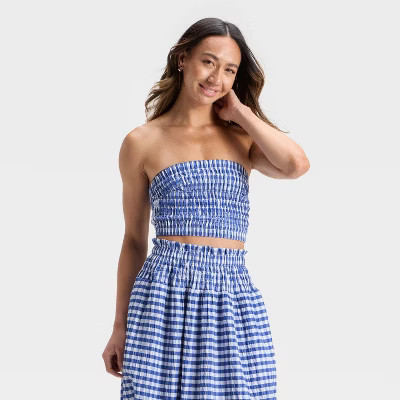 Women's Smocked Tube Top - Universal Thread™ Blue Gingham XS | Target