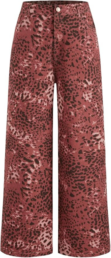 CIDER Denim Mid Waist Leopard Wide Leg Pants | Amazon (US)