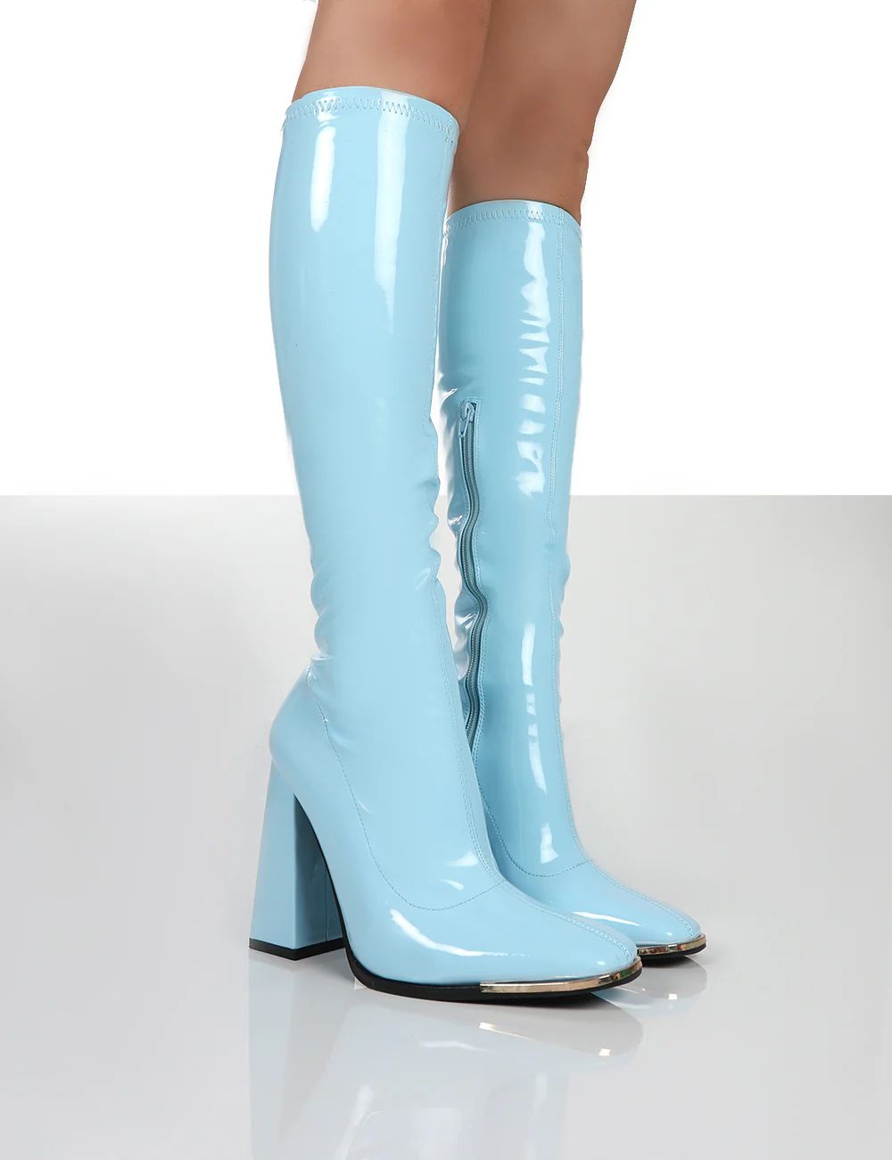 Caryn Blue Patent Knee High Heeled Boots | Public Desire