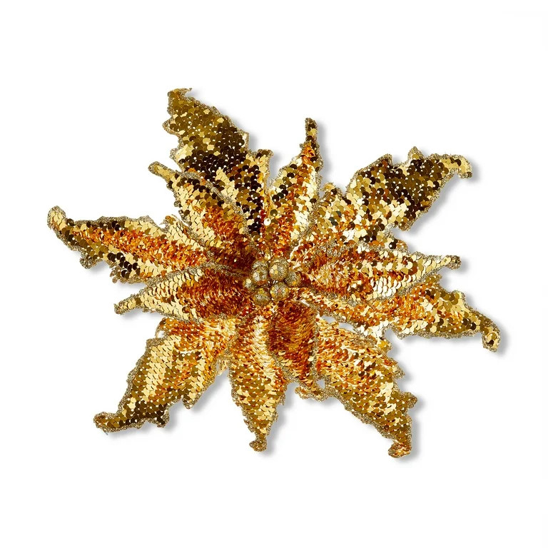 Deluxe Gold with Glitter Poinsettia Christmas Clip Ornament, Polyester, 12 in, by Holiday Time | Walmart (US)