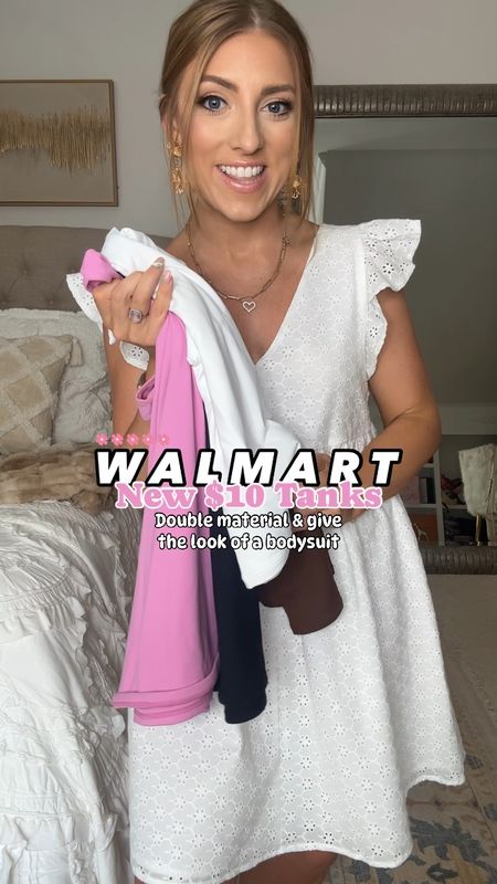 Really excited to be sharing this awesome new Walmart arrival! If you are like me and are not a fan of bodysuits, these are great! New $10 tanks on Walmart are double lined material, perfectly fitted, snatch you in at the waist and are that perfect tuck in top. The fact that they are double material makes them where they do not show lines! They’re fitted but run TTS. Best feel to the material. 

Walmart fashion. Walmart finds. LTK under 50. Fitted tank.