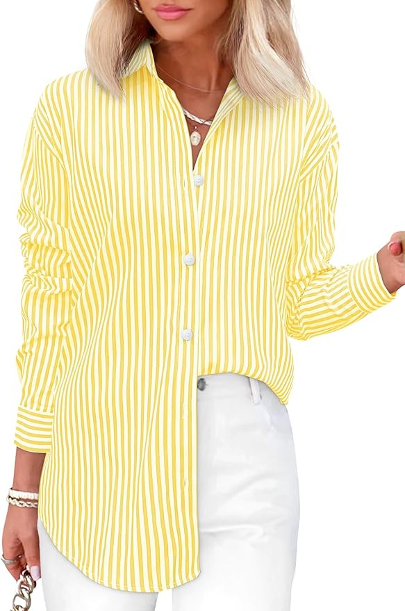 Diosun Womens Striped Button Down Shirts Classic Long Sleeve Stylish Collared Office Work Blouses... | Amazon (US)