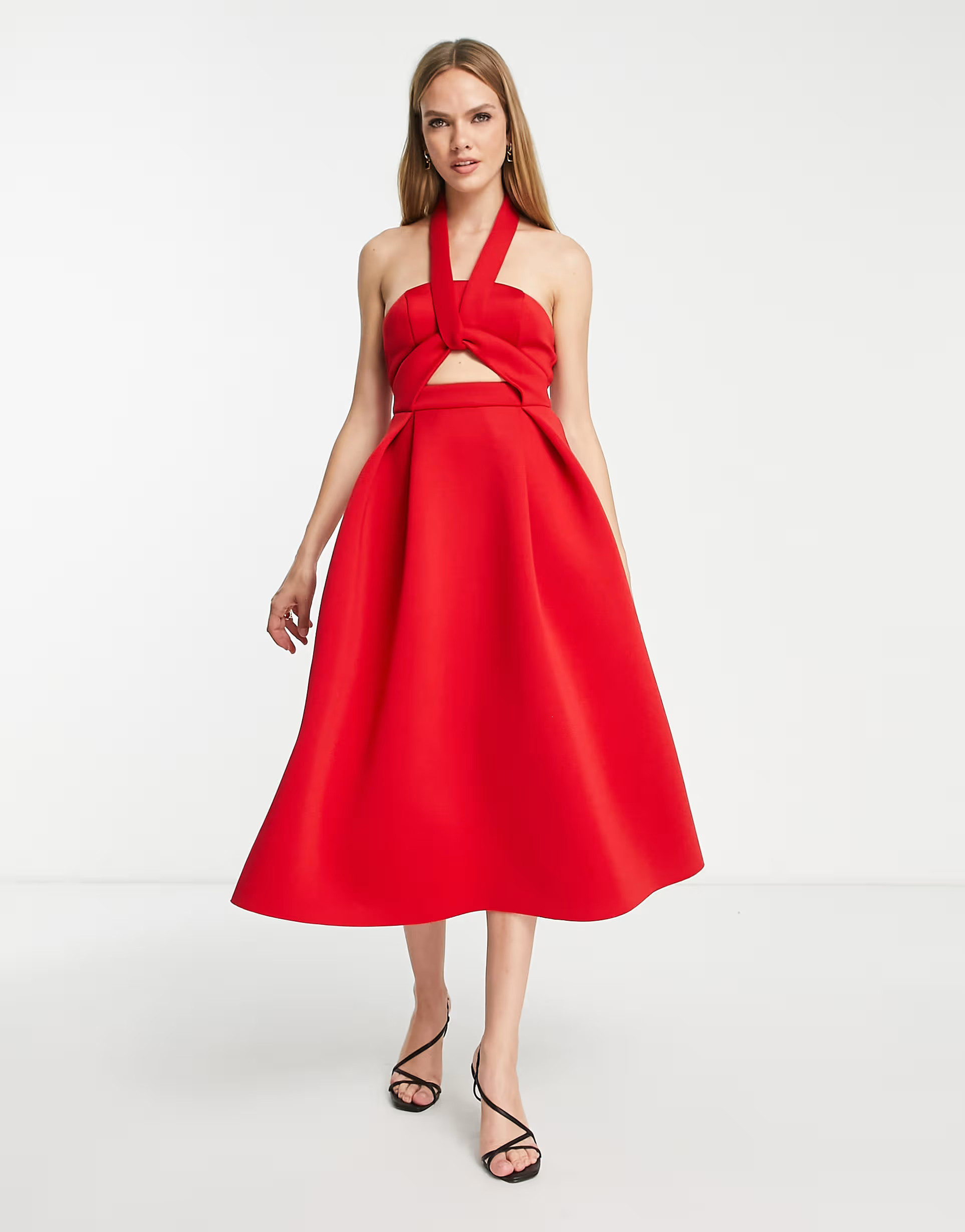 ASOS DESIGN twist cut out halter midi prom dress in red | ASOS (Global)