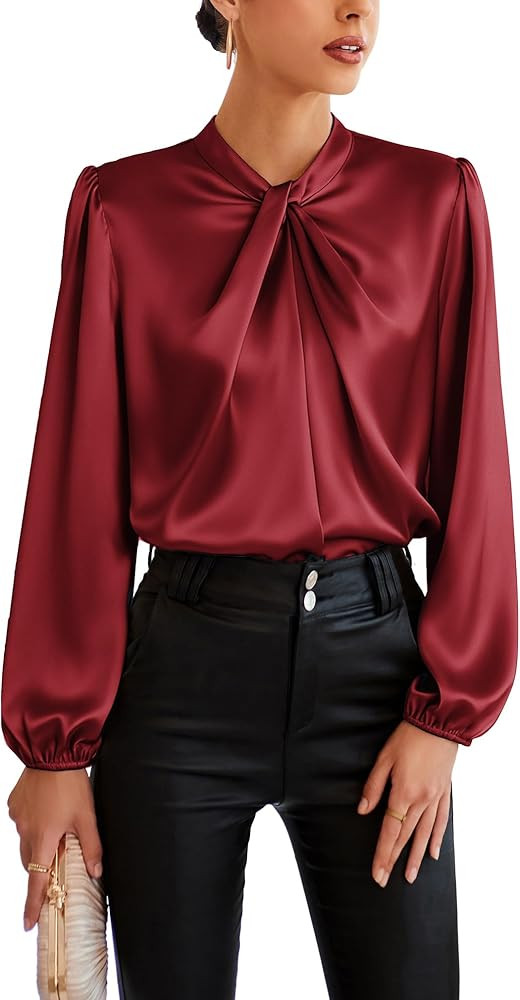 GRACE KARIN Women's Long Sleeve Satin Blouse,Mock Neck Work Silk Shirts,Dressy Tops for Business ... | Amazon (US)