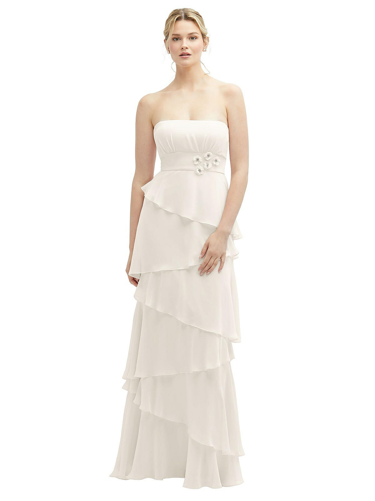 Strapless Asymmetrical Tiered Ruffle Chiffon Maxi Dress with Handworked Flower Detail in Ivory | The Dessy Group