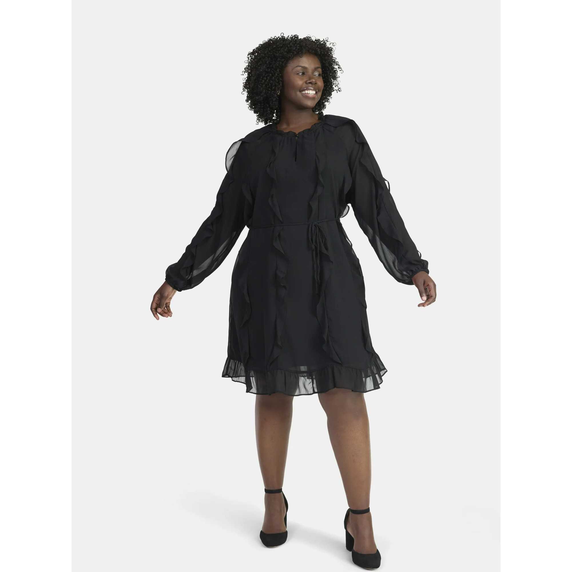 Time and Tru Women's and Women's Plus Belted Ruffle Mini Dress, Sizes XS-4X - Walmart.com | Walmart (US)